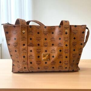 MCM Visetos Tote Bag Shoulder Bag Brown Monogram Gold Logo Plate Authentic